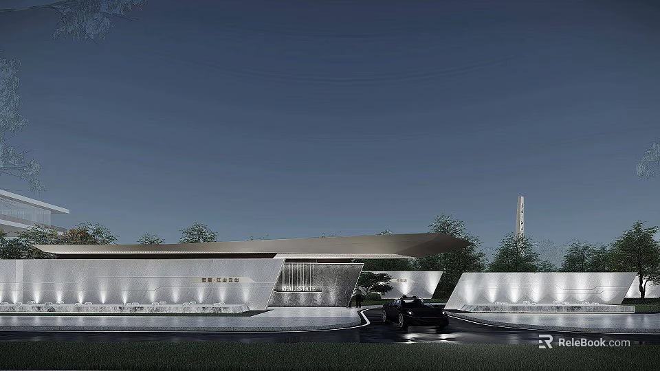 Modern Scenic Wall Design With Integrated Lighting And Surrounding Landscape Elements 3d model