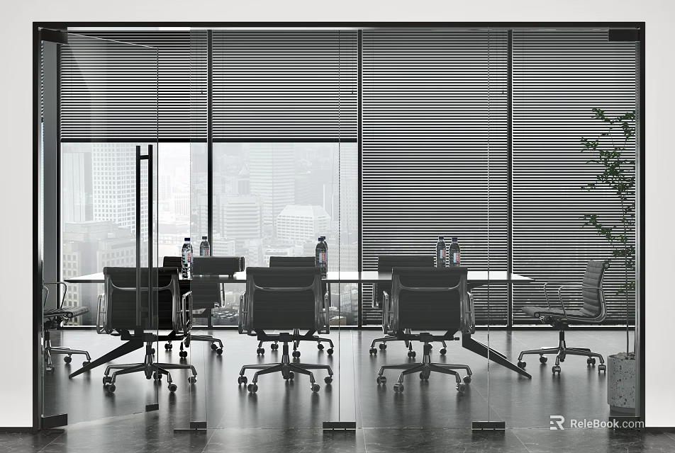Modern Conference Room with Large Windows City View Meeting Table and Ergonomic Chairs 3d model 