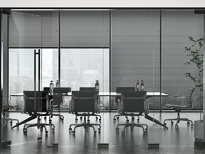 Modern Conference Room with Large Windows City View Meeting Table and Ergonomic Chairs 3d model