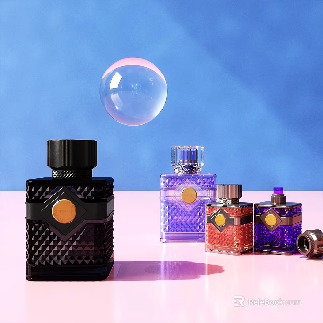 Colorful Perfume Bottles With Bubble On Blue Pink Background 3d model 
