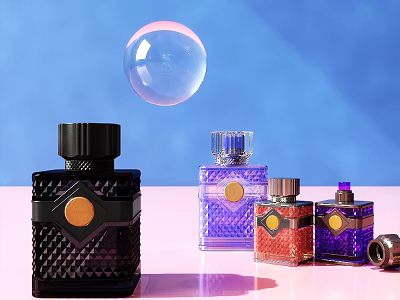 Colorful Perfume Bottles With Bubble On Blue Pink Background 3d model