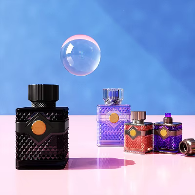 Colorful Perfume Bottles With Bubble On Blue Pink Background 3d model Colorful Perfume Bottles With Bubble On Blue Pink Background 3d model