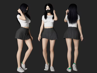 Woman In White Short Top Gray Pleated Skirt Face Mask Long Black Hair White Sneakers 3d model