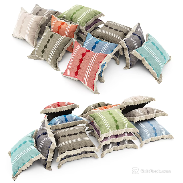 Assorted Colorful Striped Patterned Pillows With Fringe Edges For Home Decor 3d model 