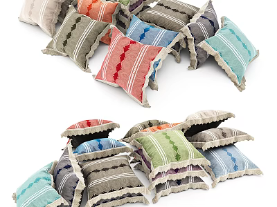 Assorted Colorful Striped Patterned Pillows With Fringe Edges For Home Decor 3d model