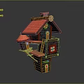 Unique Architectural Model With Red Roof Wooden Structure Staircase Balcony And Chimney