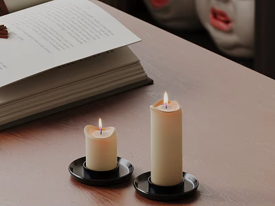 Two Lit Candle Lamps on Wooden Table with Open Book for Cozy Reading Atmosphere 3d model