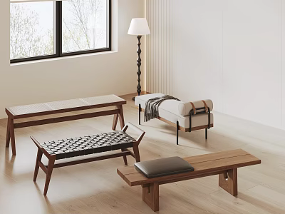 Modern Wooden Benches Featuring Woven Seat And Cushion In Minimalist Indoor Setting With Natural Light 3d model