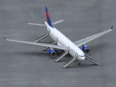 White Passenger Plane With Blue Red Tail And Boarding Stairs On Ground 3d model