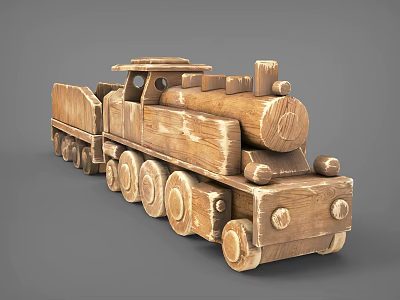 Handcrafted Wooden Block Train Toy with Detailed Wheels and Classic Design 3d model