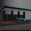 Modern Electric Vehicle Charging Station With Blue Car Charging Piles And Trees
