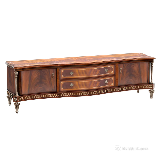 Classic Wooden TV Stand With Drawers Metal Accents And Decorative Legs 3d model 