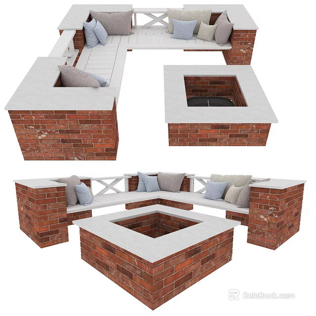 Brick Sectional Outdoor Sofa With Central Fire Pit And Comfortable Cushions 3d model