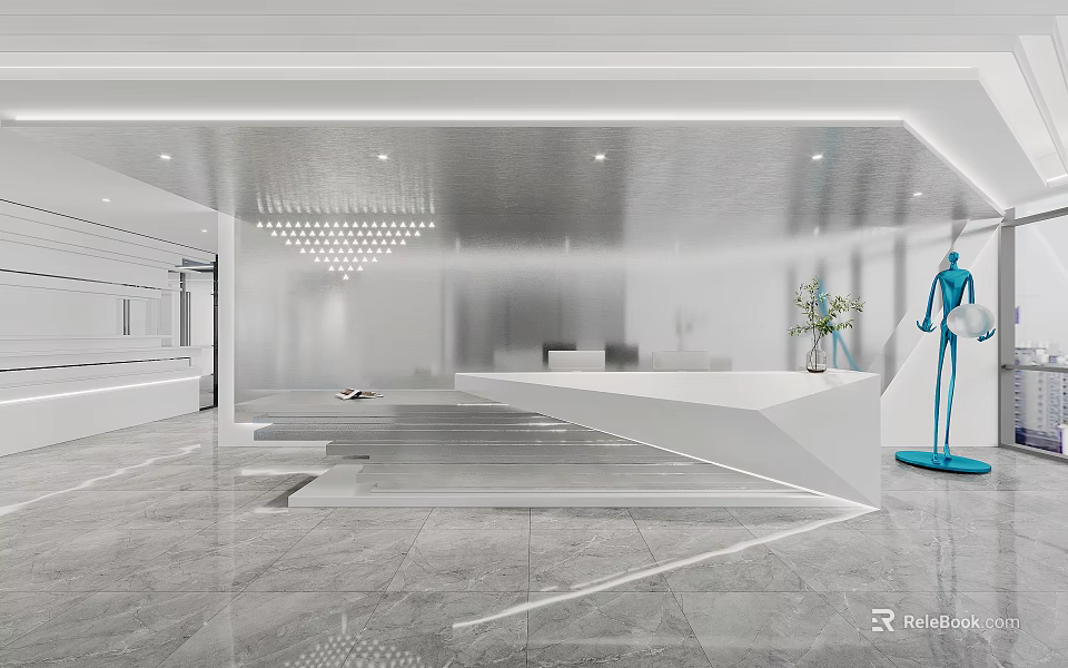 Modern Front Desk Reception Area With White Desk Marble Floor Blue Mannequin And Ceiling Lighting 3d model 