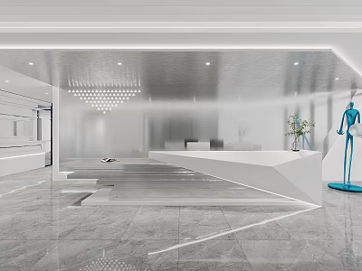 Modern Front Desk Reception Area With White Desk Marble Floor Blue Mannequin And Ceiling Lighting 3d model