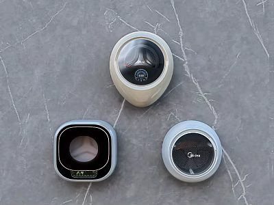 Three Modern Smart Speakers With Round And Square Designs On Marble Surface 3d model