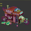 Vintage Red Mobile House Car With Roof Chimney Staircase Large Wheels And Green Plants