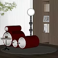 Stylish Red Velvet Accent Chair In Modern Interior With Floor Lamp Side Table And Bookshelf
