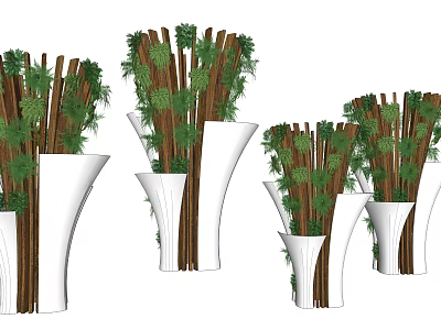 Trees with Brown Trunks and Green Foliage in Multiple White Planters 3d model