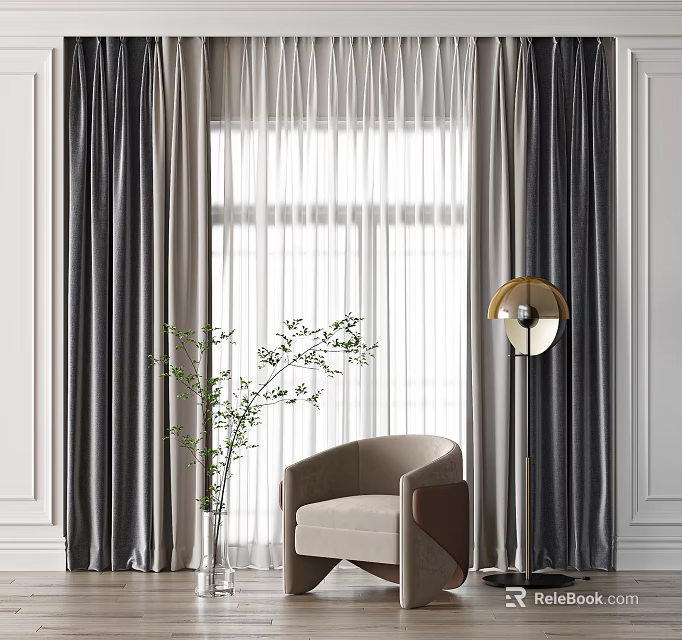 Gray Curtain and White Sheer Window Treatment with Beige Chair Floor Lamp and Green Plant 3d model 
