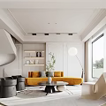 Modern Bright Living And Dining Room With Stylish Curved Sofa And Large Landscape Window