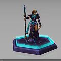 Fantasy Armored Character With Orange Hair Wielding Staff On Glowing Hexagonal Platform
