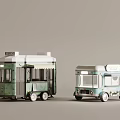 Miniature Green And Light Blue Food Carts With Open Windows And White Roofs