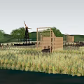 Scenic Rural Landscape With Golden Rice Fields Wooden Structure Windmill And Distant Mountains
