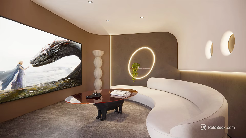 Modern Home Theater Room with Large Screen TV Curved White Sofa Circular Light and Green Plant 3d model 