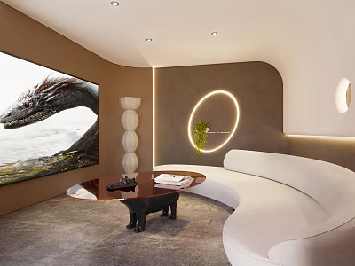 Modern Home Theater Room with Large Screen TV Curved White Sofa Circular Light and Green Plant 3d model