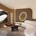 Modern Home Theater Room with Large Screen TV Curved White Sofa Circular Light and Green Plant
