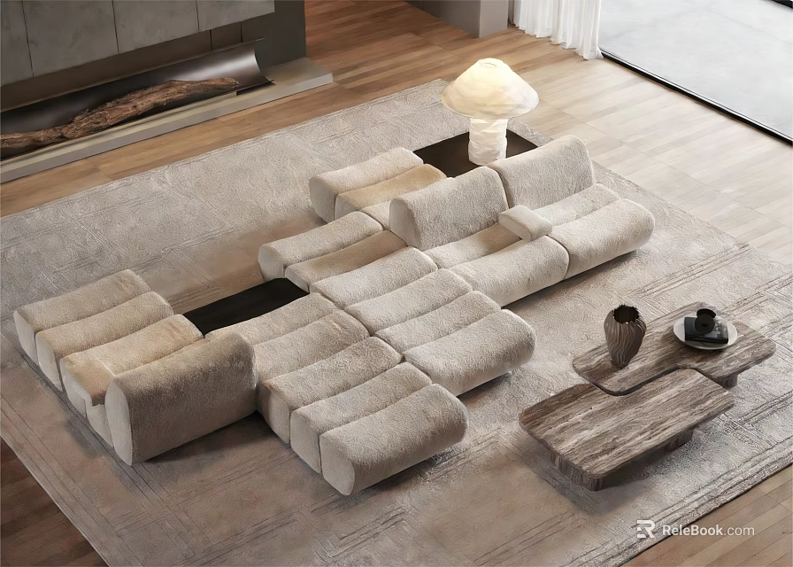 Modern Sectional Sofa On Beige Rug With Wooden Coffee Table And Floor Lamp 3d model 
