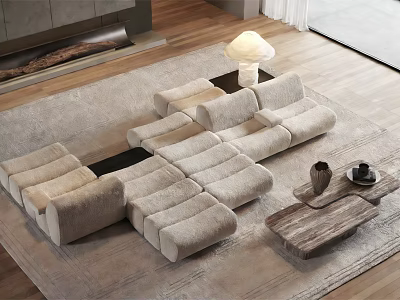 Modern Sectional Sofa On Beige Rug With Wooden Coffee Table And Floor Lamp 3d model