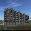 Modern Style Residential Building Exterior With Lush Greenery Trees Lawn Pathway And Lampposts