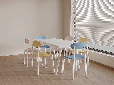 Pastel Colored Chairs With White Dining Table Set On Wooden Floor And Window Blinds 3d model