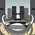 Modern Office Buildings With Two Tall Structures Connected By Bridge Front Green Lawn White Seats