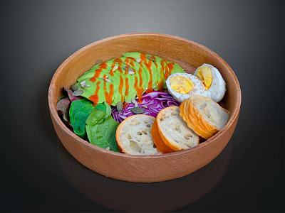 Fresh Healthy Salad in Wooden Bowl with Avocado Boiled Egg Bread Slices Lettuce and Red Cabbage 3d model