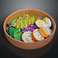 Fresh Healthy Salad in Wooden Bowl with Avocado Boiled Egg Bread Slices Lettuce and Red Cabbage