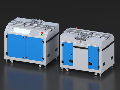 Two Modern Industrial Equipment Units with Blue Cabinet Doors Gray Body Control Panel and Wheels 3d model