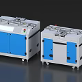 Two Modern Industrial Equipment Units with Blue Cabinet Doors Gray Body Control Panel and Wheels