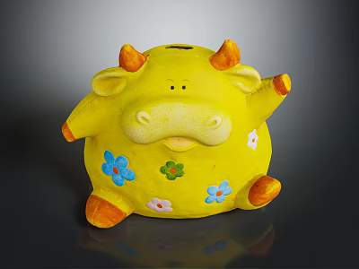 Vibrant Flower Ornaments Adorning Yellow Cow Piggy Bank With Colorful Petals And Orange Feet 3d model