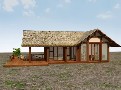 Rustic Wooden House With Thatched Roof Large Windows Wooden Deck And Plant In Natural Surroundings 3d model