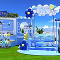 Blue Themed Photo Check In Spot With Decorative Balloons Models And Screen