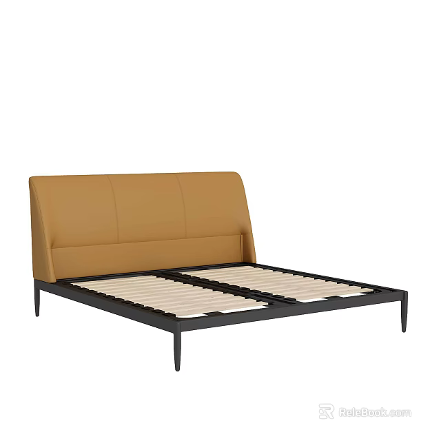 Modern Double Bed with Brown Upholstered Headboard and Black Metal Frame 3d model 