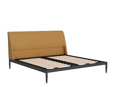 Modern Double Bed with Brown Upholstered Headboard and Black Metal Frame 3d model