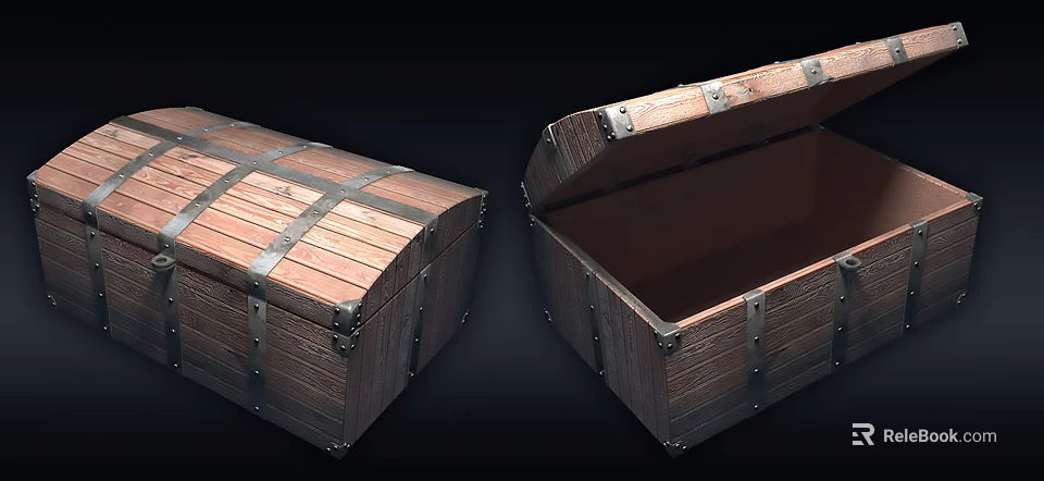 Vintage Wooden Storage Trunk With Metal Straps Closed and Open Design 3d model 