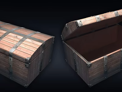 Vintage Wooden Storage Trunk With Metal Straps Closed and Open Design 3d model