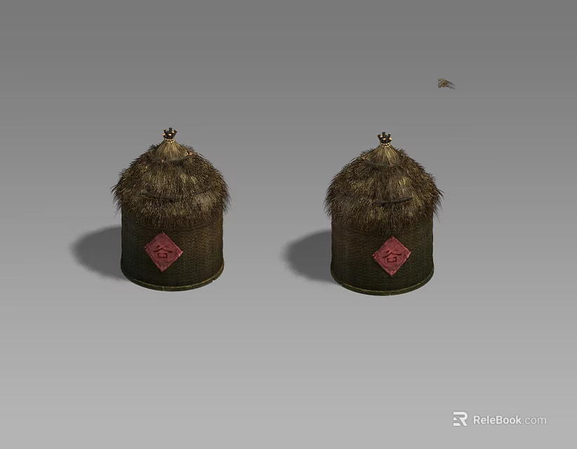 Two Traditional Straw Woven Containers With Thatch Tops And Red Symbols 3d model 
