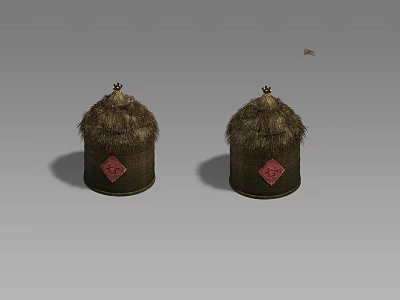 Two Traditional Straw Woven Containers With Thatch Tops And Red Symbols 3d model