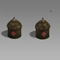 Two Traditional Straw Woven Containers With Thatch Tops And Red Symbols